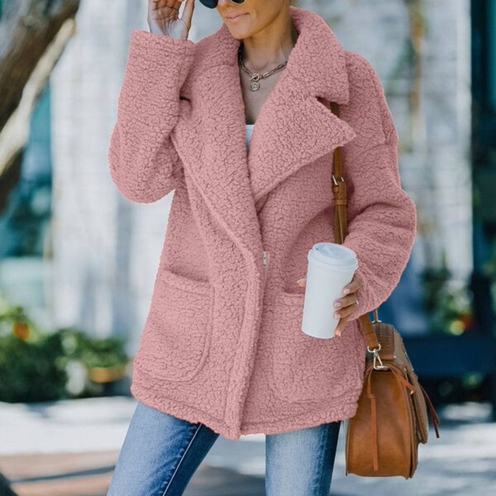 Cozy Khaki Tan Wide Collar Teddy Jacket Coat Oversized - Picture 8 of 16